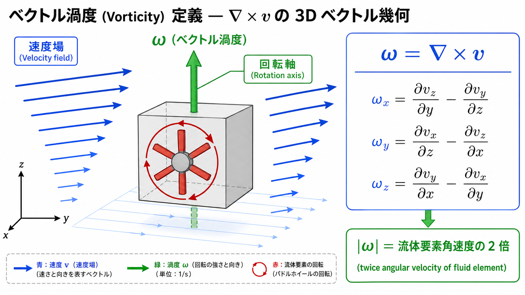 Vorticity ω = ∇ × v の 3D ベクトル幾何と流体要素の局所角速度との対応