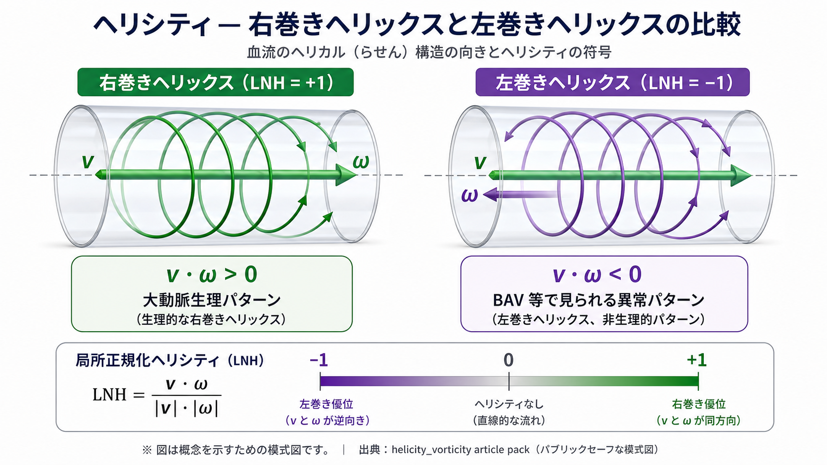 Right-handed と left-handed helical flow の比較と LNH 符号の対応