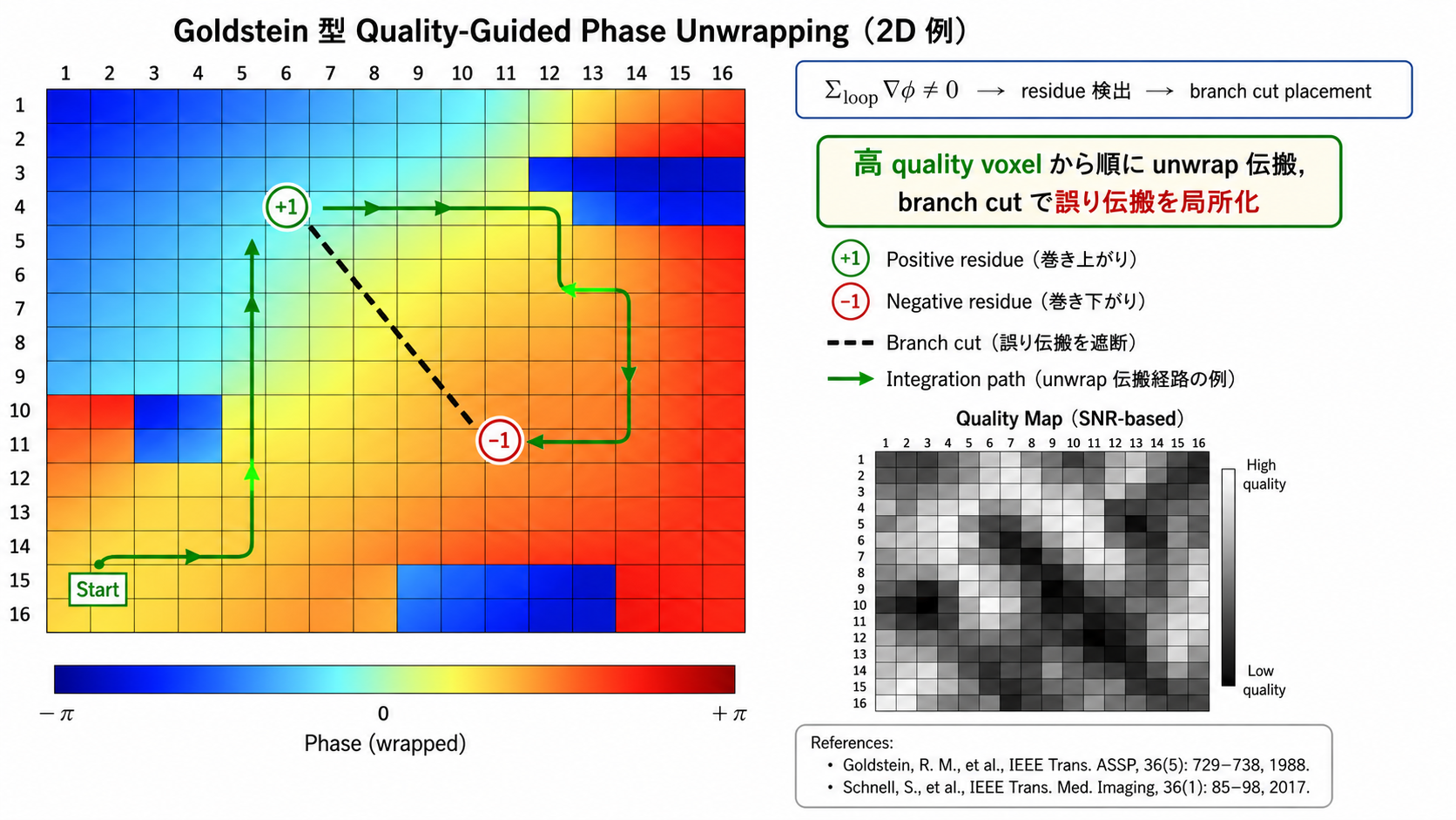 Quality-guided phase unwrapping: residue / branch cut の概念図